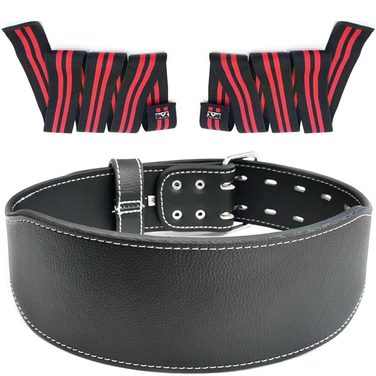 Combo Cinturão Couro Preto/Preto + Faixa de Joelho Preto/Vermelho - Imagem 2