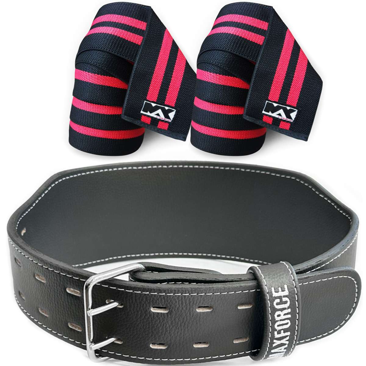 Combo Cinturão Couro Preto/Preto + Faixa de Joelho Preto/Vermelho